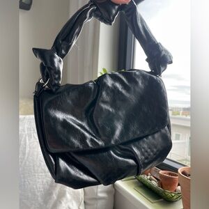 Zara Black Soft Ruffled Vegan Faux Leather Slouchy Shoulder Bag